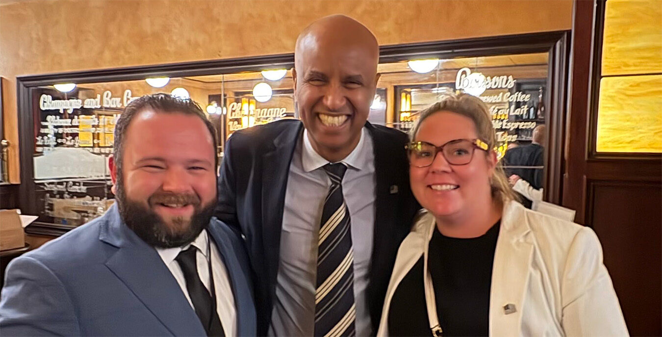 Andrew Payne (Masonry Council of Ontario), and Andrea McChesney (Canadian Concrete Masonry Producers’ Association), with Ahmed Hussen, MP for York South—Weston—Etobicoke.