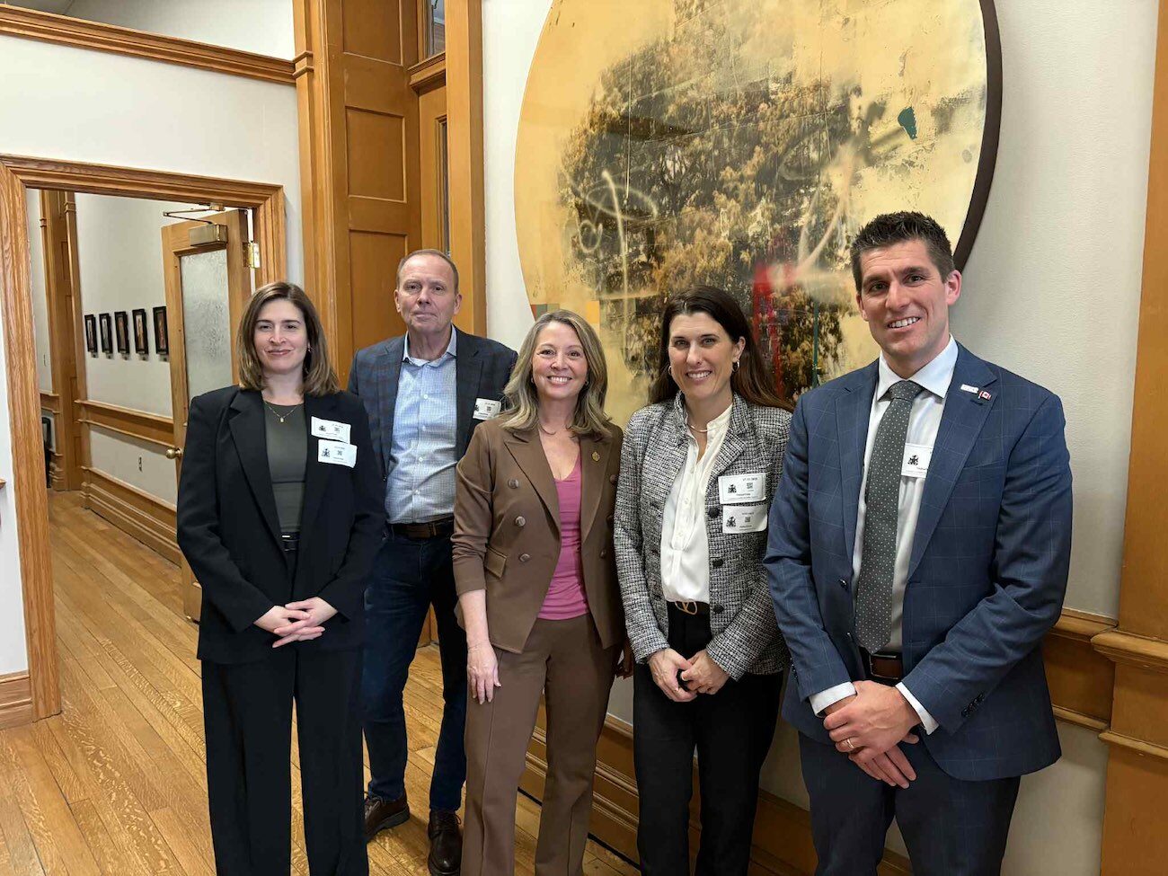 Sarah Petrevan, Vice President of Industrial Decarbonization and Sustainability at CAC, Karl Rammler (Dufferin Concrete), Resha Watkins (St Marys Cement, a Votorantim Cimentos Company), and Aaron Armstrong (Teeswater Concrete) with Ontario NDP Party Leader Marit Stiles.