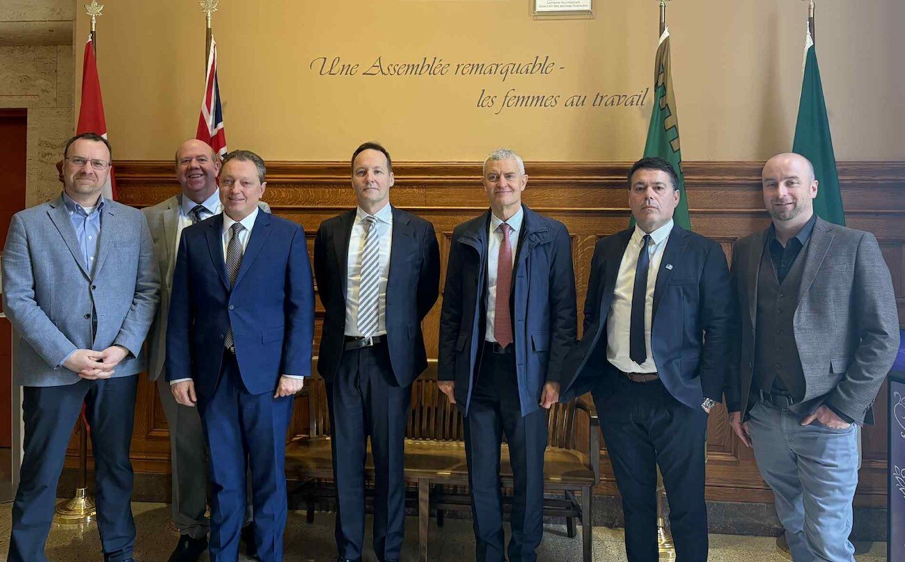 Andrew Stewart (Amrize), Bart Kanters (Concrete Ontario), CAC President Adam Auer, CAC Board Vice Chair Jorge Wagner (St Marys Cement, A Votorantim Cimentos Company), Lino Dinis (Heidelberg Materials), and Richard Sluce (Ash Grove Cement, a CRH Company), with Ontario Minister of Public and Business Service Delivery Stephen Crawford.